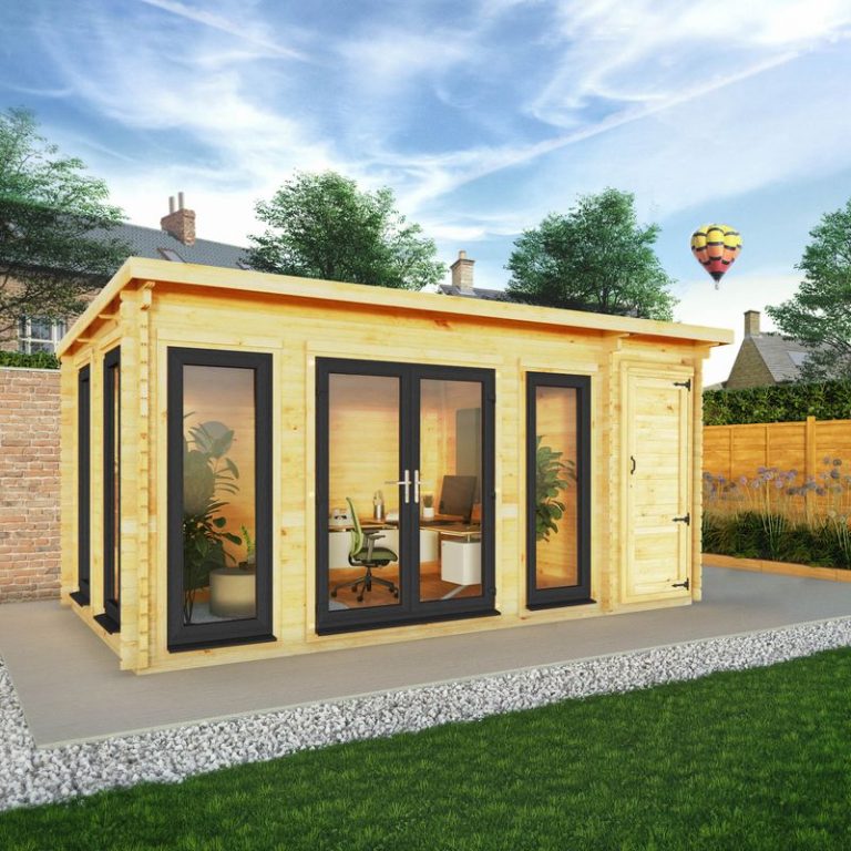 Adley 5.1m x 3m Alpha Pent Log Cabin With Side Shed & UPVC Windows & Doors - 44mm