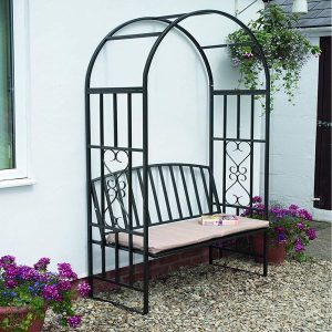 Garden Metal Black Rose Arch Trellis Pergola Arbour With Bench - Black