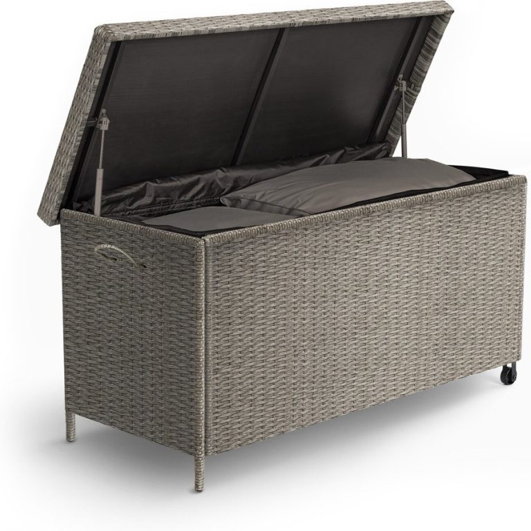 Rattan Storage Box for Garden with Lockable Lid and Wheels - Grey