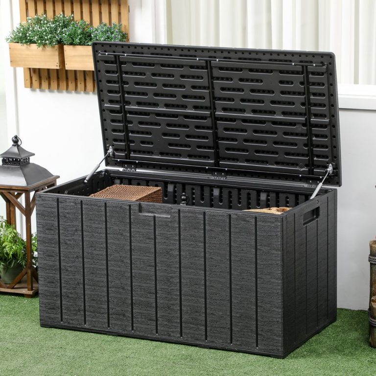 Outsunny 336L Garden Storage Box Plastic Cushion Pillow Chest wWheels Handle - Black